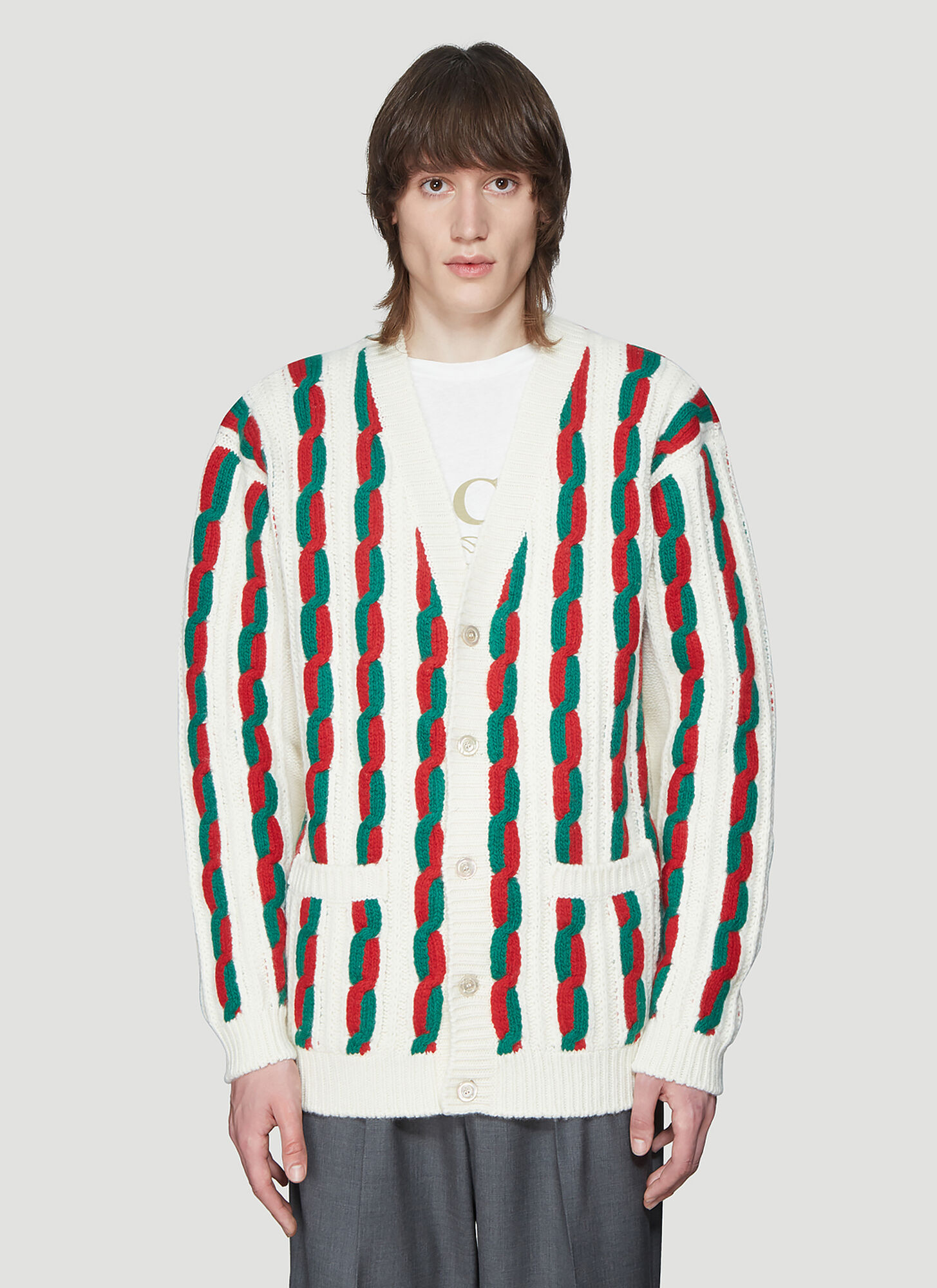 Gucci Contrast Stripe Cable-Knit Cardigan in White size S | The Fashionisto