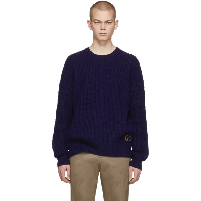 Gucci Navy Cable Knit Wool GG Sweater | The Fashionisto