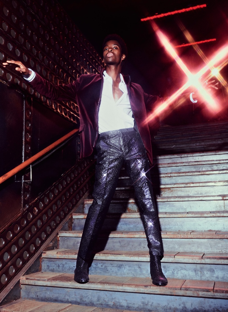 Alton Mason dons a velvet jacket and glittery pants for HUGO's holiday 2019 campaign.