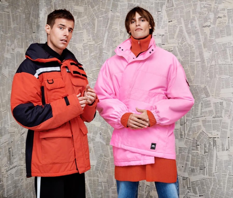 Jules Horn and Parker van Noord sport retro-style Balenciaga parkas for Holt Renfrew.