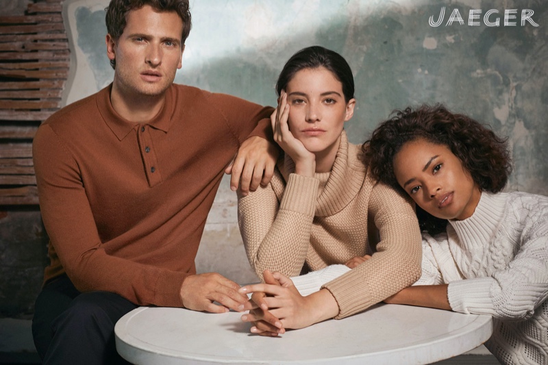 Matthew Eades photographs Tom Warren, Carla Ciffoni, and Tamara Firth for Jaeger's fall-winter 2019 campaign.