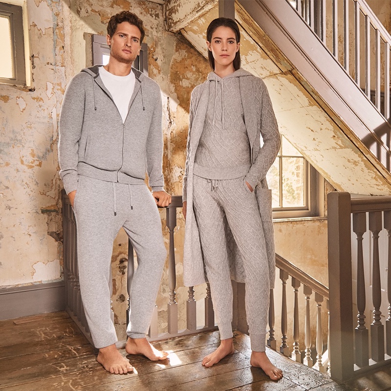 Embracing shades of grey, models Tom Warren and Carla Ciffoni appear in Jaeger's fall-winter 2019 campaign.