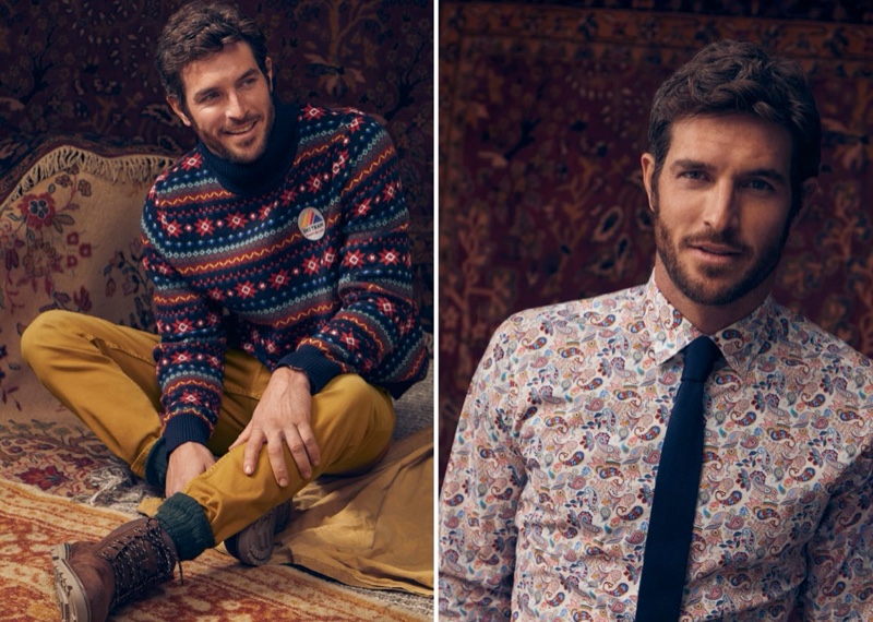 Embracing prints, Justice Joslin models a jacquard turtleneck sweater and paisley print shirt from LE 31.