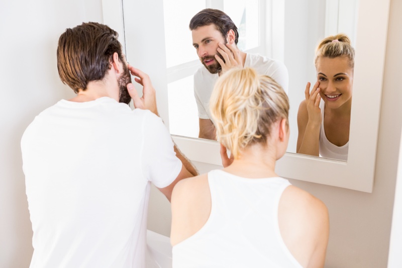 Man Woman Bathroom Morning Checking Faces Couple