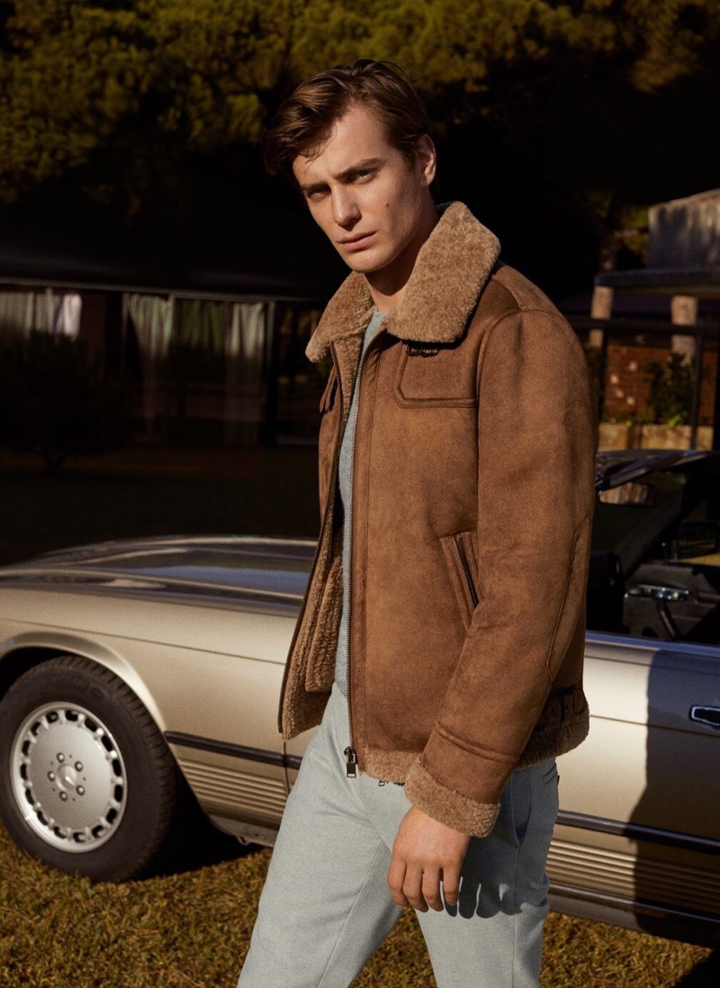 Stepping out in a shearling jacket, Ben Allen rocks a look from Mango.