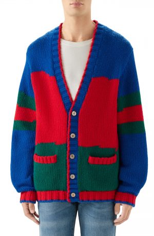 Men's Gucci Oversize Colorblock Wool Cardigan, Size Medium - Red Men's Gucci Oversize Colorblock Wool Cardigan, Size Medium - Red