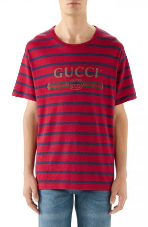 Men's Gucci Stripe Logo Oversize Linen & Cotton T-Shirt, Size X-Large - Red Men's Gucci Stripe Logo Oversize Linen & Cotton T-Shirt, Size X-Large - Red