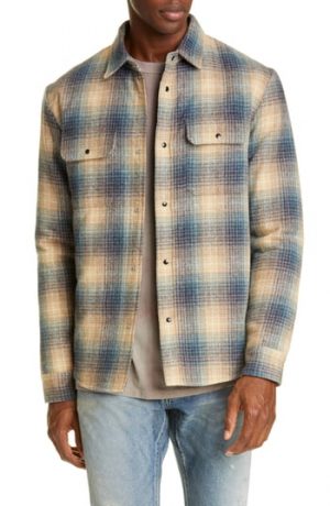 Men's John Elliott Jupiter Plaid Snap-Up Wool Blend Shirt, Size Large - Brown Men's John Elliott Jupiter Plaid Snap-Up Wool Blend Shirt, Size Large - Brown