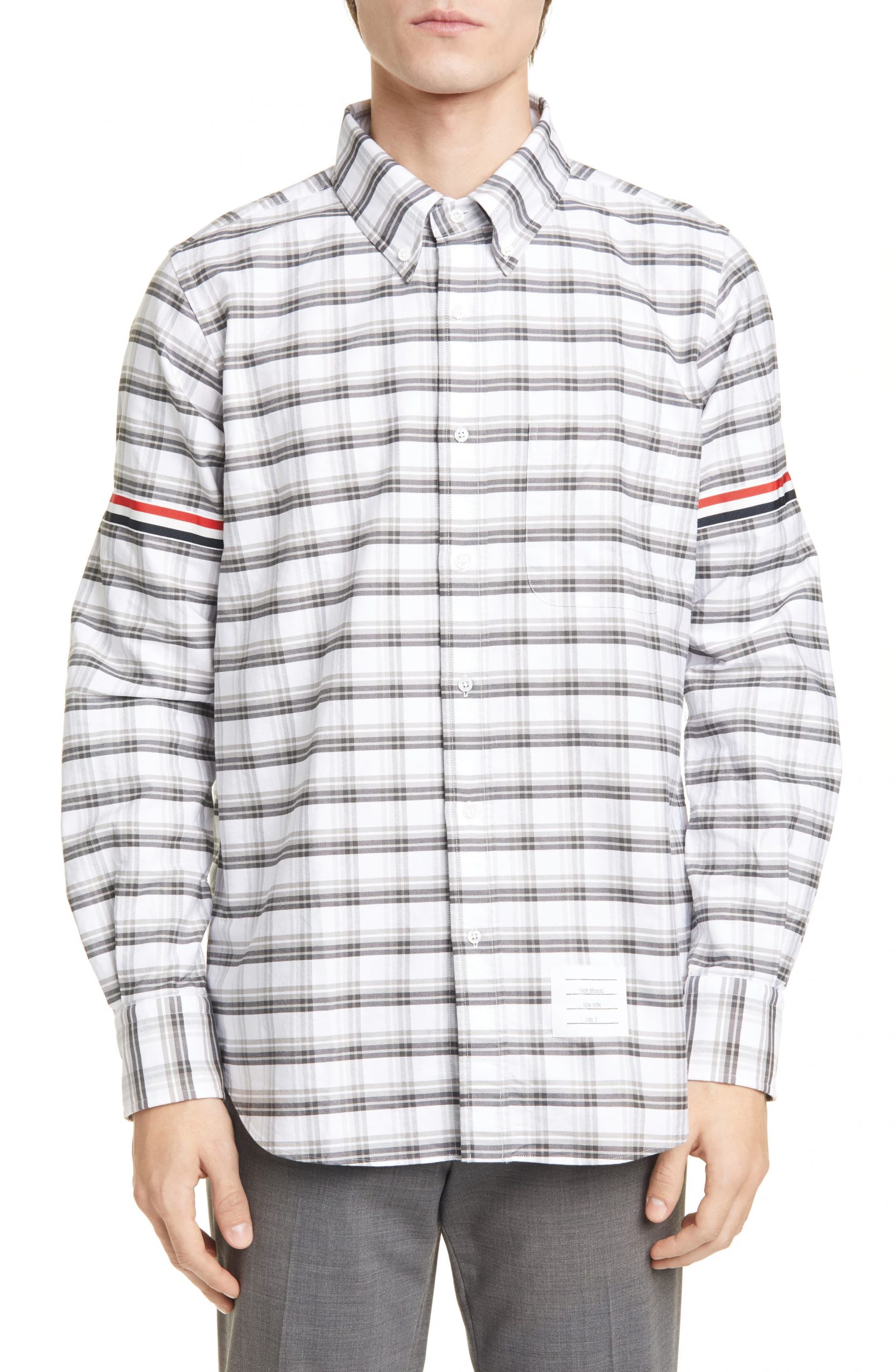 Men’s Thom Browne Armband Extra Slim Fit Check Button-Down Shirt, Size 1 - Grey | The Fashionisto