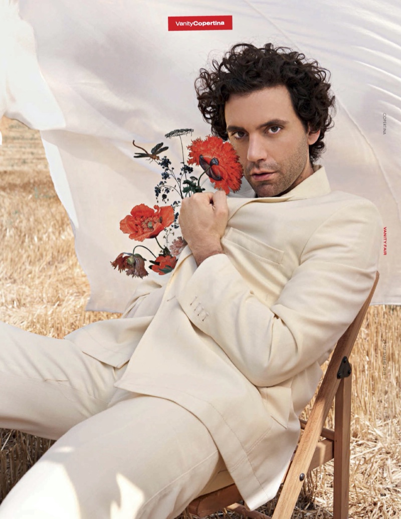 A vision in a cream-colored look, Mika wears Jacquemus for Vanity Fair Italia.