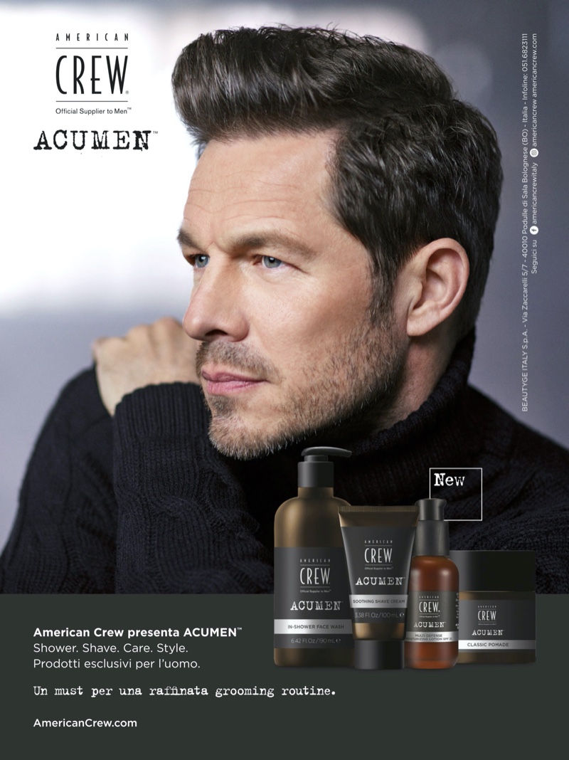 Paul Sculfor delivers a side profile as he appears in a grooming campaign for American Crew's Acumen line.