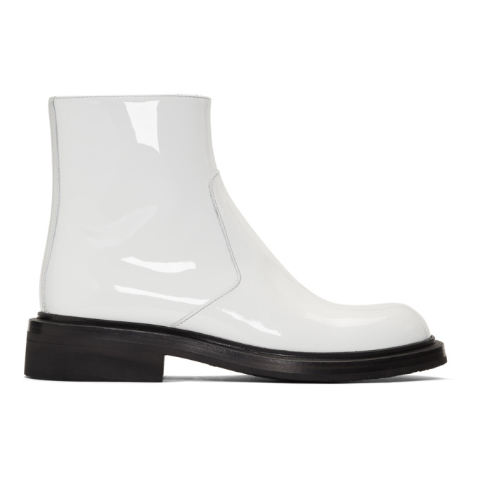 Prada White Patent Zip Boots | The Fashionisto