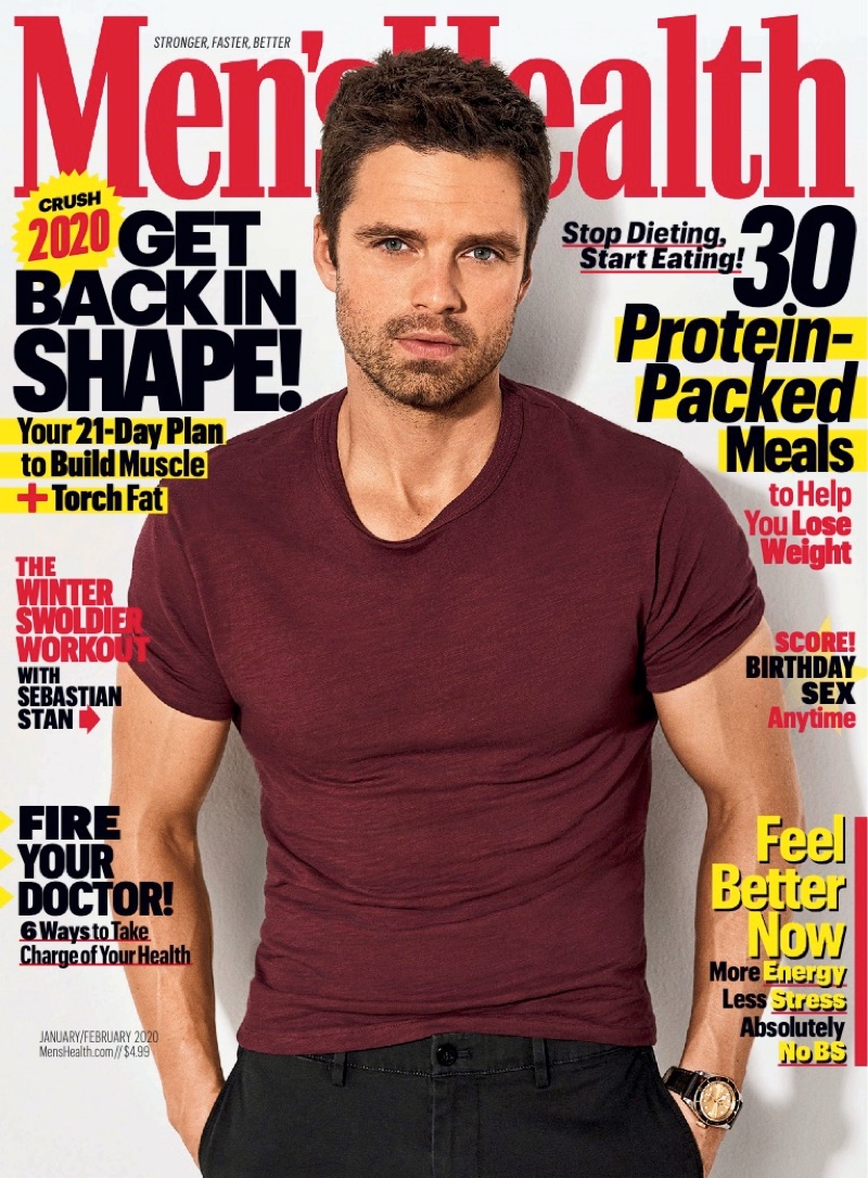 Sebastian Stan covers the January/February 2020 issue of Men's Health.