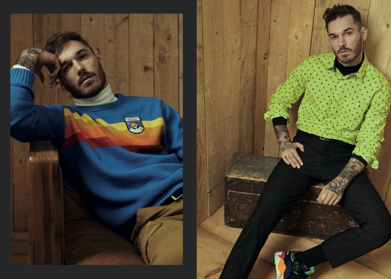 Model David Alexander Flinn rocks statement pieces like a vibrant blue Chamonix sweater from LE 31.