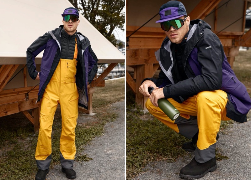 Ready for snowboarding, Matthew Noszka models an Orage 3-in-1 insulated coat with bib pants.