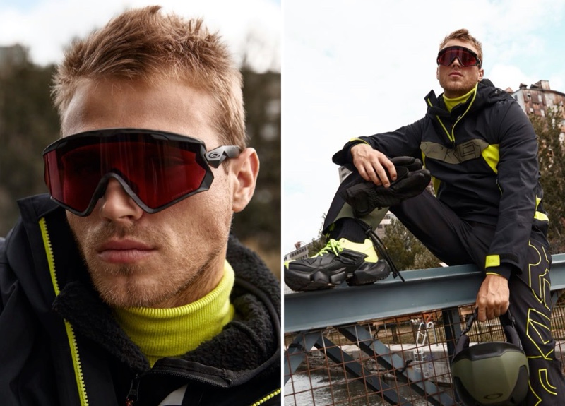 Making a case for neon yellow, Matthew Noszka rocks an insulated anorak and overalls from Oakley.