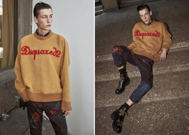 Showcasing casual designer style, Nick Fortna models fashions from Dsquared2.