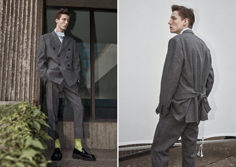 Embracing sharp tailoring, Nick Fortna wears a double-breasted suit by Wooyoungmi. 