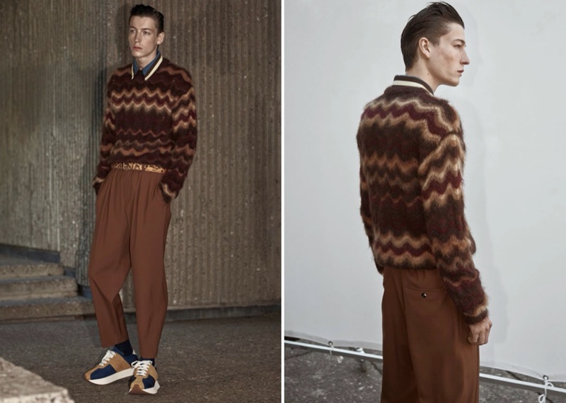 Channeling seventies style, Nick Fortna dons a fall-winter 2019 look from Marni.