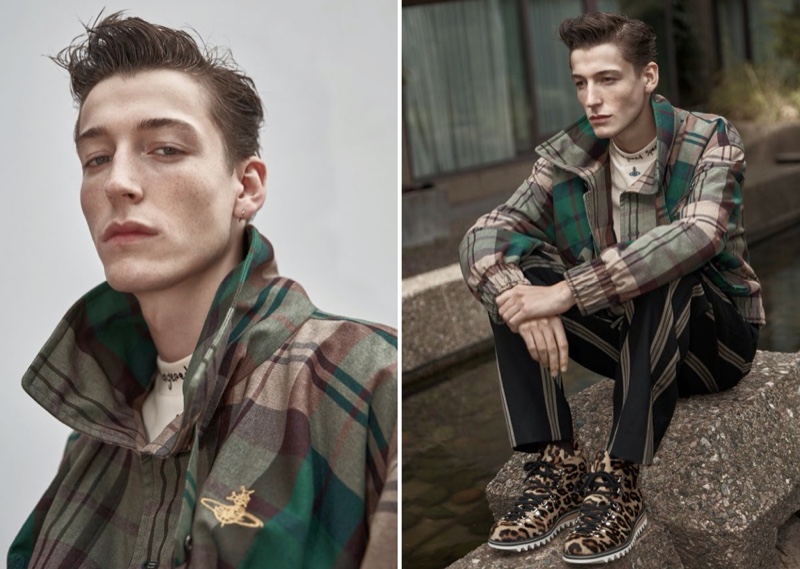 Making a case for autumnal toned tartan, Nick Fortna sports a look from Vivienne Westwood.