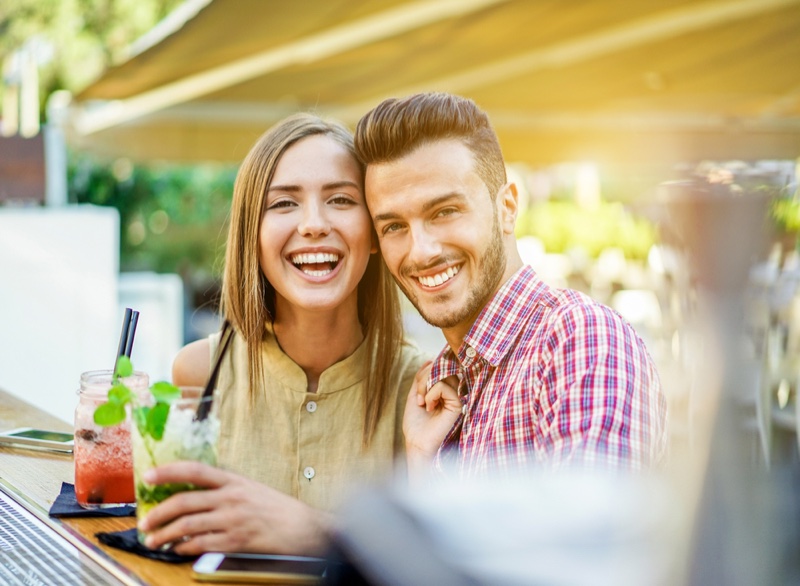Smiling Couple Outdoor Bar Smiling Couple Outdoor Bar