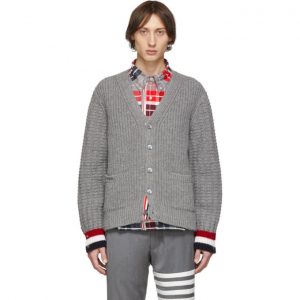 Thom Browne Grey Fun-Mix Stitch Chunky V-Neck Cardigan Thom Browne Grey Fun-Mix Stitch Chunky V-Neck Cardigan