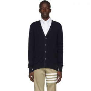 Thom Browne Navy Baby Cable Knit V-Neck Cardigan Thom Browne Navy Baby Cable Knit V-Neck Cardigan