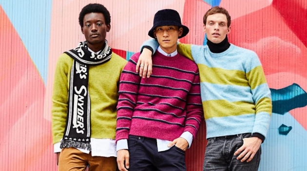 Standing out in bold colors, models Youssouf Bamba, InHyuk Yeo, and Rocky Harwood wear Todd Snyder.