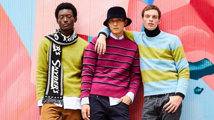 Standing out in bold colors, models Youssouf Bamba, InHyuk Yeo, and Rocky Harwood wear Todd Snyder.