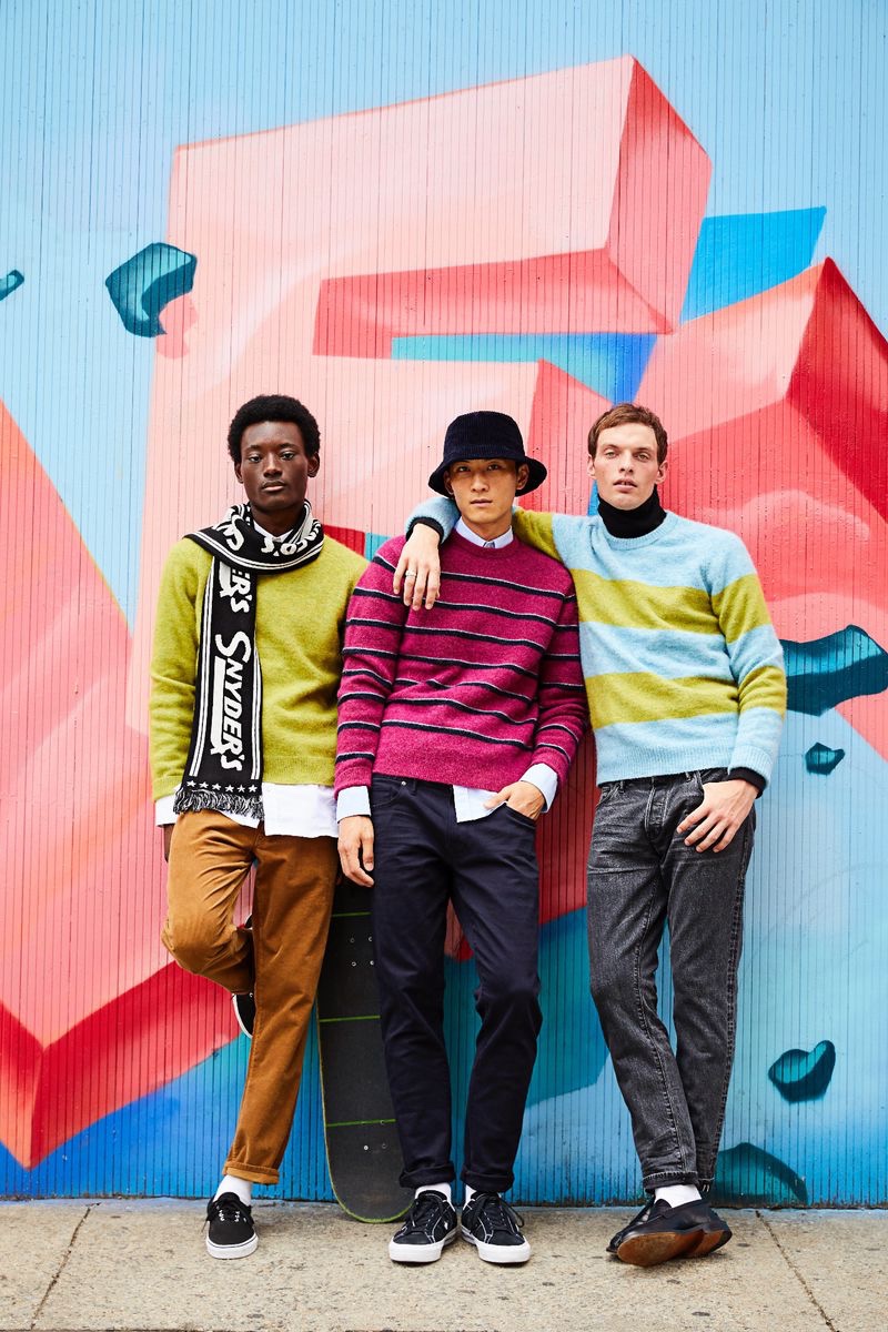 Standing out in bold colors, models Youssouf Bamba, InHyuk Yeo, and Rocky Harwood wear Todd Snyder.