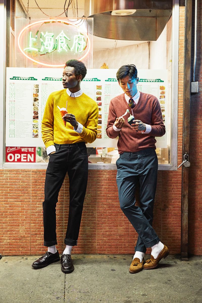 Pictured in New York, Youssouf Bamba and InHyuk Yeo don colorful sweaters from Todd Snyder. Youssouf wears a cashmere donegal sweater in yukon gold while InHyuk sports a cashmere v-neck sweater in burnt rose.