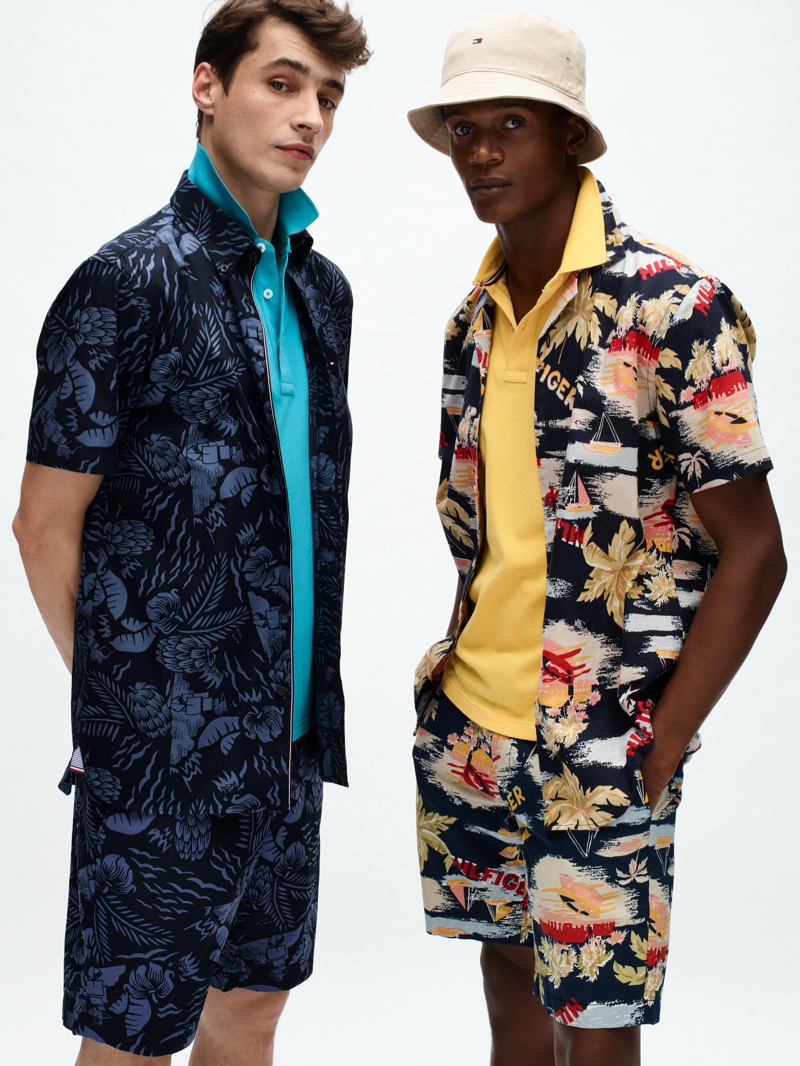 Models Adrien Sahores and O'Shea Robertson don tropical prints from Tommy Hilfiger's spring-summer 2020 collection.