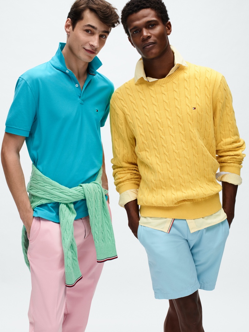 Donning preppy style, Adrien Sahores and O'Shea Robertson rock colorful looks from Tommy Hilfiger's spring-summer 2020 collection.