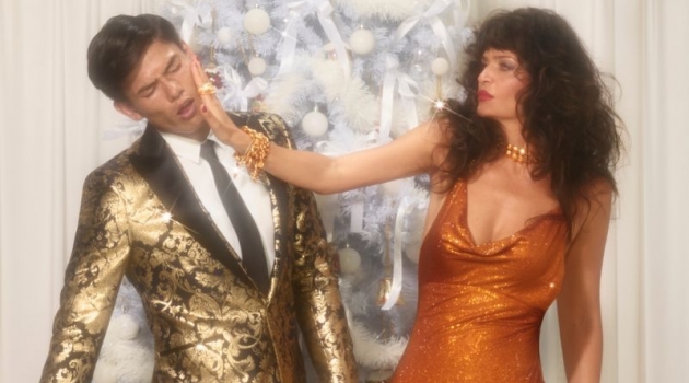 Slapping Simonas Pham, Helena Christensen makes an appearance in Versace's holiday 2019 campaign.