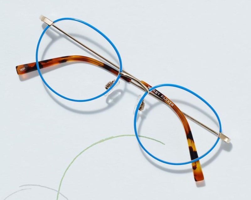 Warby Parker Duncan glasses in Scotia Blue with Riesling