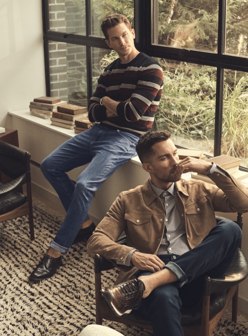 Pictured left, Adam Senn wears 34 Heritage's cool denim jeans. Meanwhile, Tobias Sorensen rocks the brand's Charisma jeans.