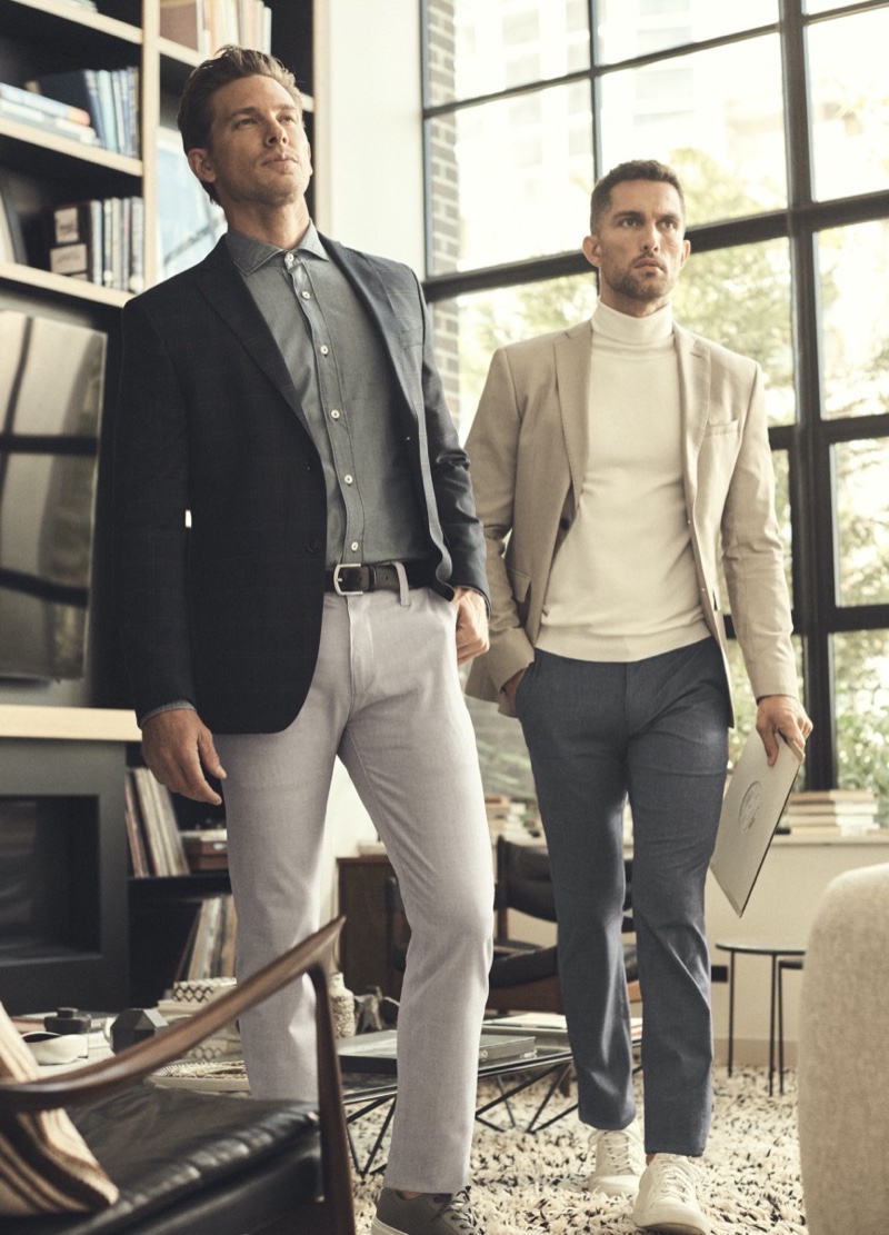 Connecting with 34 Heritage for spring-summer 2020, Adam Senn and Tobias Sorensen sports the brand’s Naples pants.
