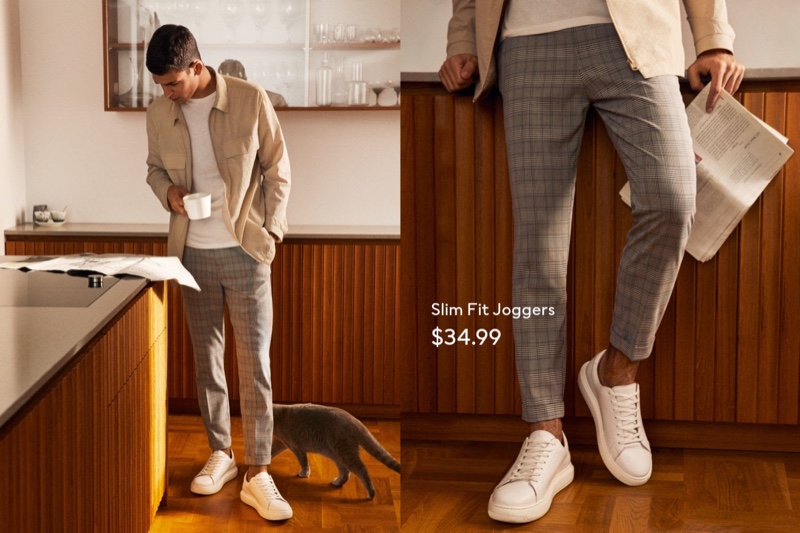 Connecting with H&M, Ali Latif showcases the brand's tailored joggers in a checked print.