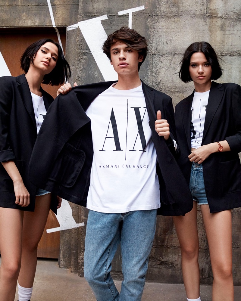 Simon Eeles photographs the Bloom Twins and Dylan Jagger Lee for Armani Exchange's spring-summer 2020 campaign.