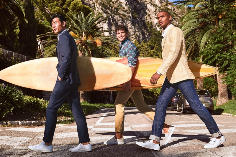 Grabbing their boards, Yusuke Ogasawara, Giacomo Cavalli, and Sacha M'Baye appear in Atelier Munro's spring-summer 2020 campaign.