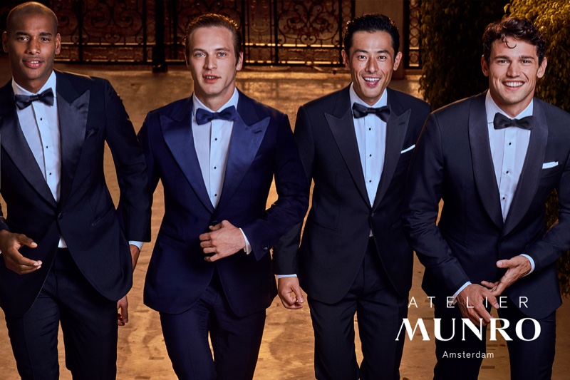 Dressed to the nines, Sacha M'Baye, Jules Raynal, Yusuke Ogasawara, and Giacomo Cavalli star in Atelier Munro's spring-summer 2020 campaign.