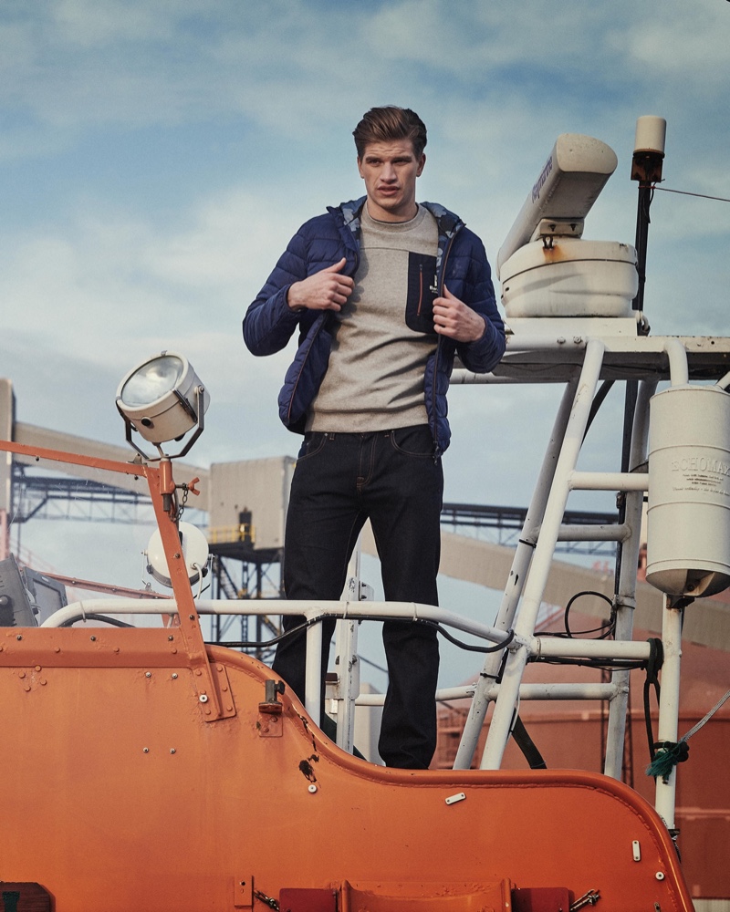 Taking to the sea, Toby Huntington-Whiteley sports fashions from Barbour's spring-summer 2020 collection.