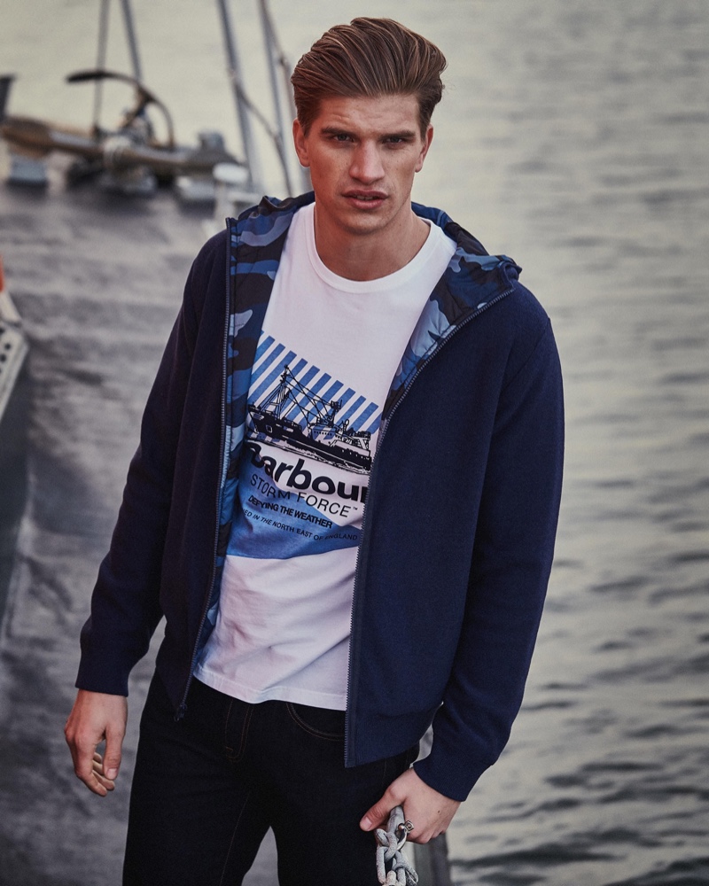 Going casual, Toby Huntington-Whiteley wears men's apparel from Barbour's spring-summer 2020 collection.