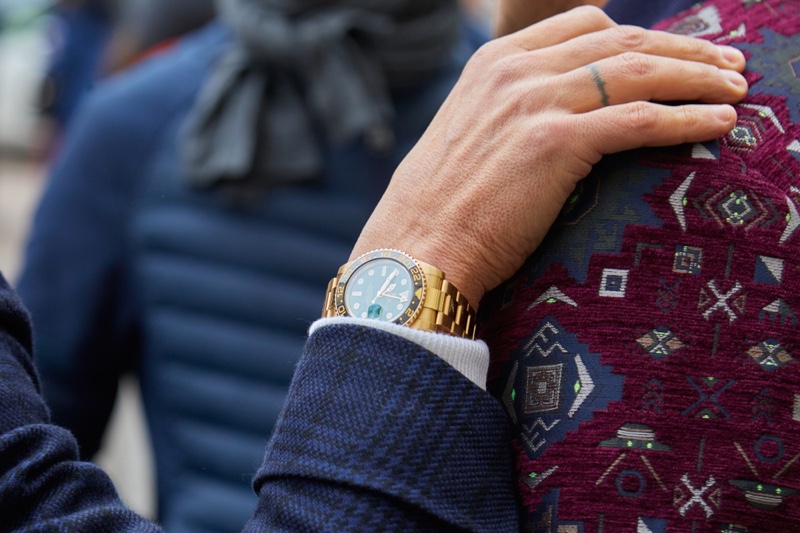 Closeup Man Wearing Gold Rolex Watch