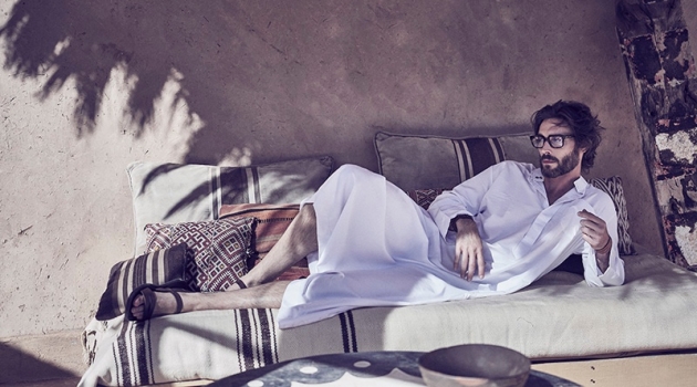 Donny Lewis is 'Yves Saint Laurent in Morocco' Donny wears kaftan Billionaire Dubai, glasses Cutler & Gross, leather bracelet Hermès, and sandals Yves Saint Laurent.