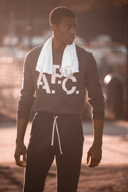 Reuniting with East Dane, Magor Meng dons an A.P.C. sweatshirt and Reigning Champ sweatpants.