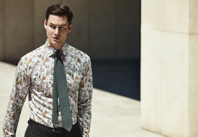 James Farrar sports a printed shirt from Eton's spring-summer 2020 collection.