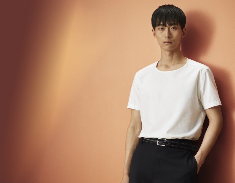 Min Shin dons a white cotton-silk t-shirt from Eton's spring-summer 2020 collection.