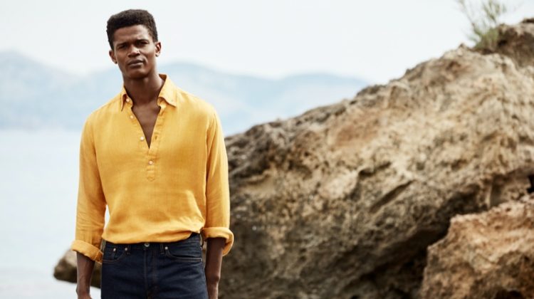 O'Shea Robertson sports a linen popover shirt from Eton's spring-summer 2020 collection.