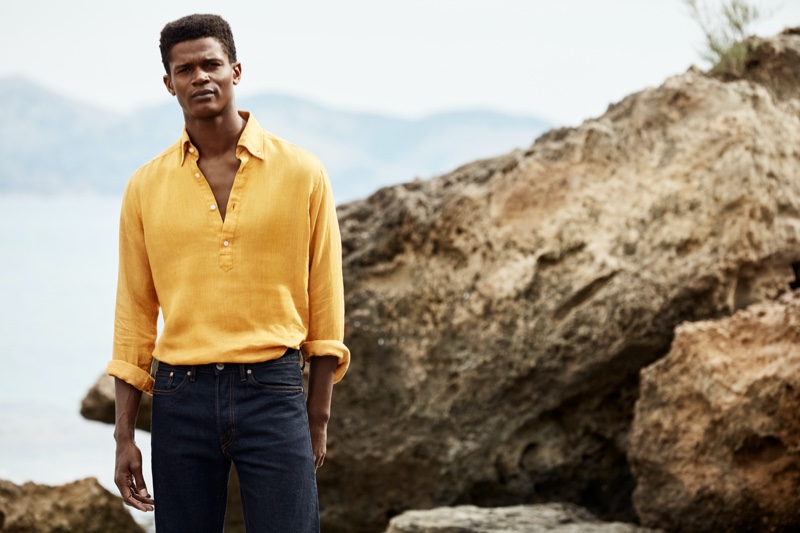 O'Shea Robertson sports a linen popover shirt from Eton's spring-summer 2020 collection.